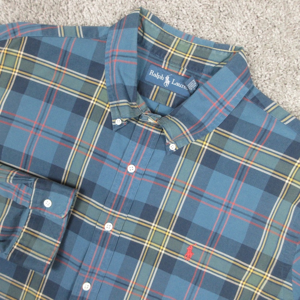 Ralph Lauren Shirt Mens 2XL Blue Plaid Oxford Cloth Red Pony Logo Button Up